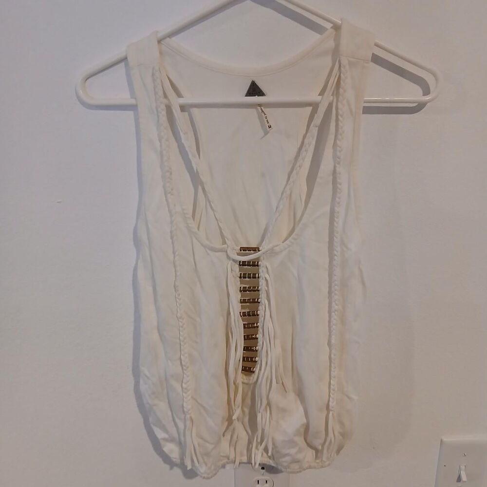 New Romantics White Tank Top with Beaded Open Front Size M Boho Festival